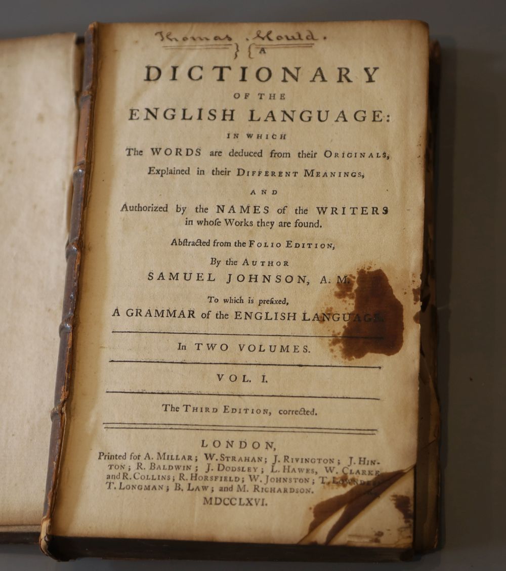 Johnson, Samuel - A Dictionary of the English Language, vol 1 of 2, 3rd edition, 8vo, calf, boards detached, loss to lower right front